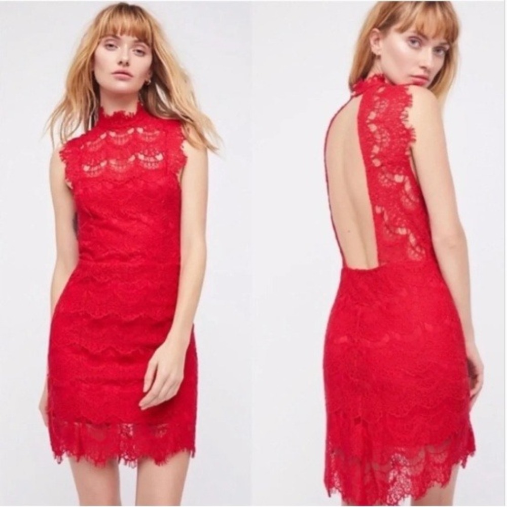Free People Intimately‎ Daydream Lace Mini Dress Cherry Red Open Back NWT S
